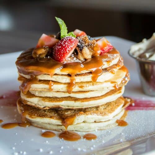 Mouthwatering pancakes with strawberries, nuts, and syrup on a plate.